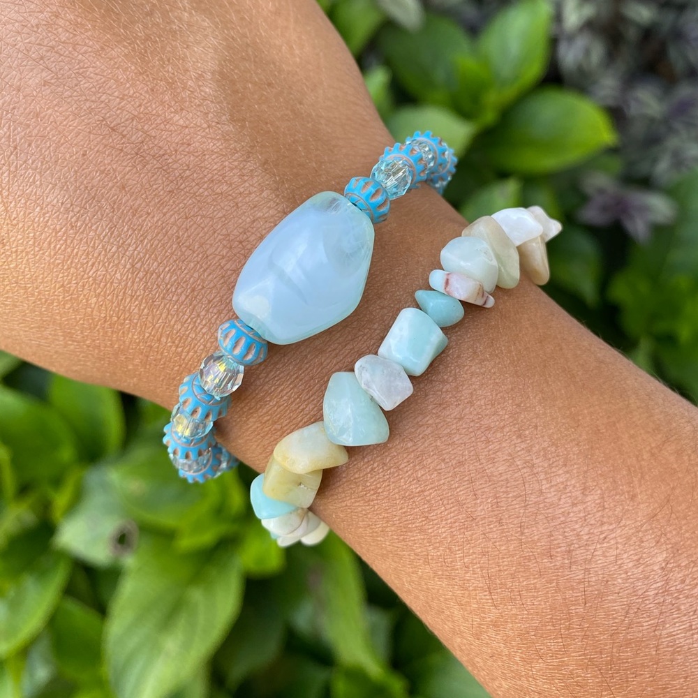 Two piece bracelet set, stackable bracelets, blue ocean beads